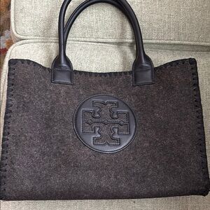 Tory Burch Dark Brown Wool Tote with Leather Trim